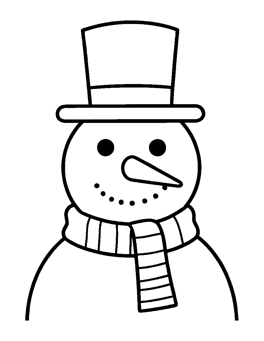 Line drawing of a snowman face with a carrot nose, a top hat and a striped scarf