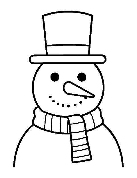 Line drawing of a snowman face with a carrot nose, a top hat and a striped scarf