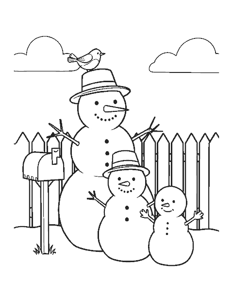 Line drawing of three snowmen of different sizes in a front yard