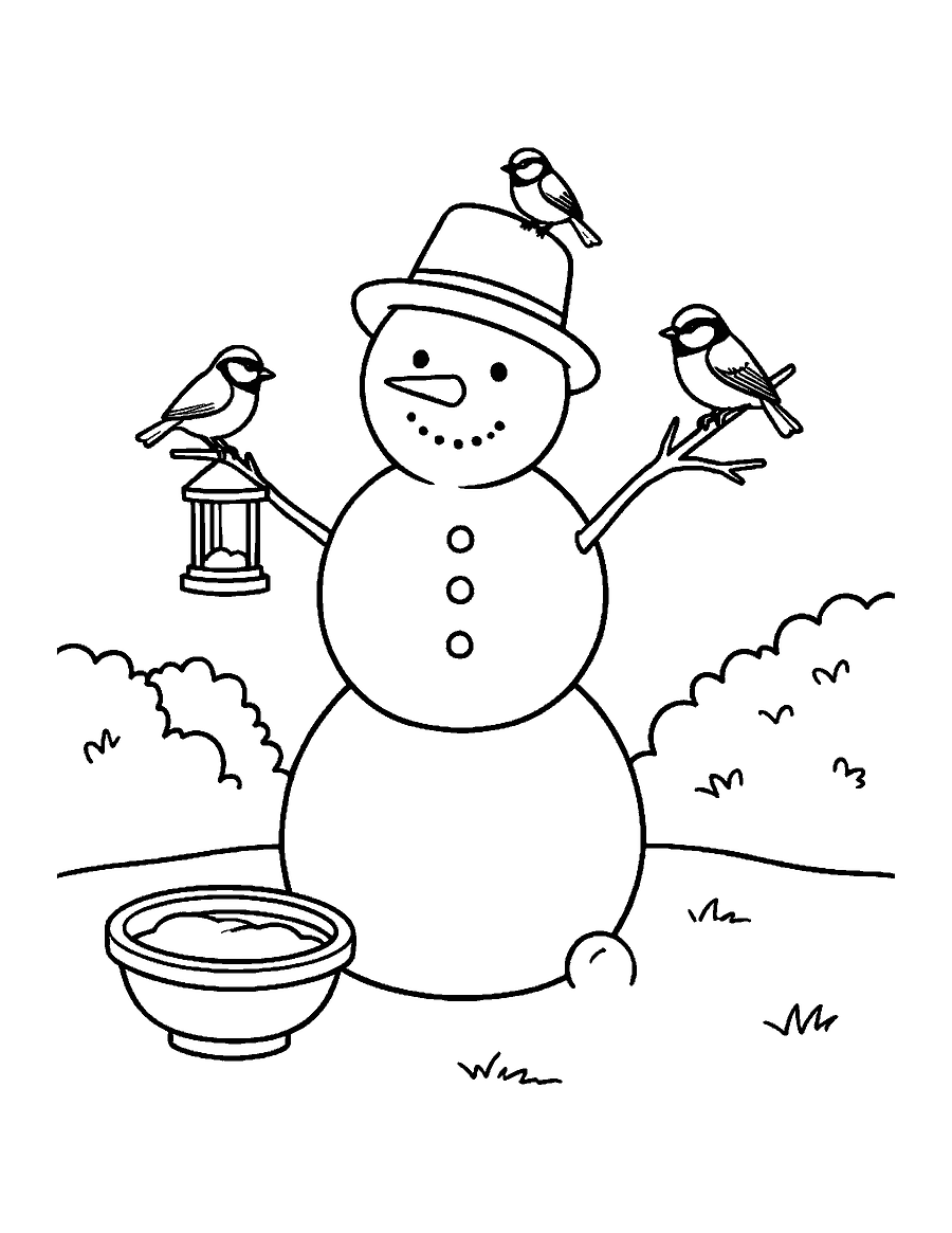 Line drawing of a snowman holding a bird feeder with chickadees in a snowy garden