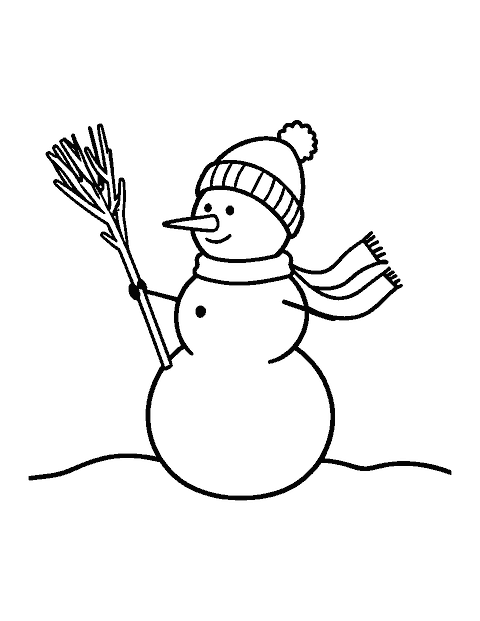 Line drawing of a snowman in a knit hat holding a twig broom