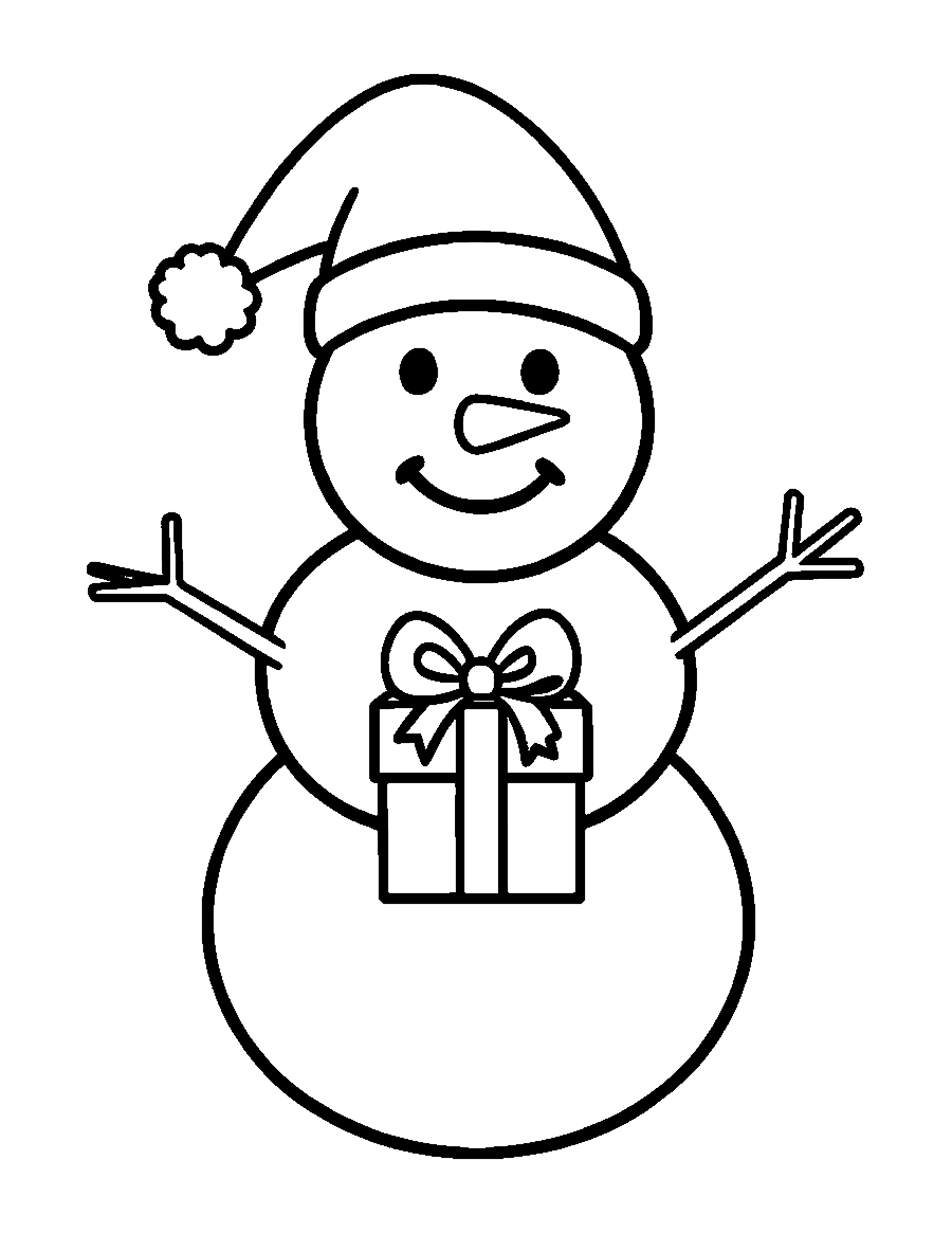 Line drawing of a snowman in a Santa hat holding a wrapped present