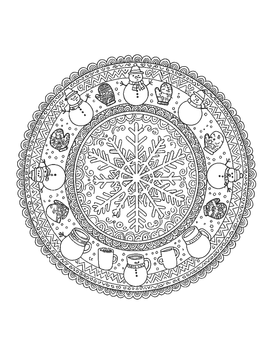 Line drawing of a round mandala of snowmen, mittens, cocoa mugs and snowflakes