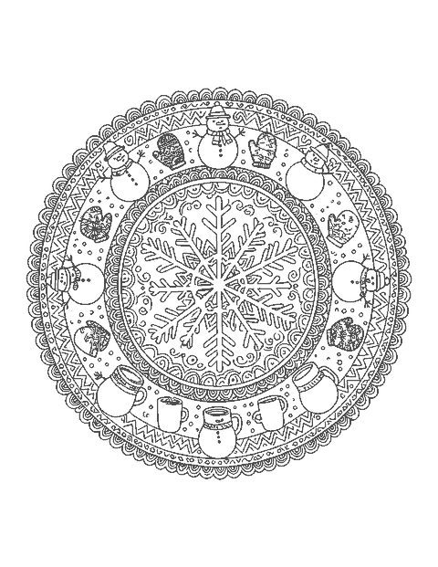 Line drawing of a round mandala of snowmen, mittens, cocoa mugs and snowflakes