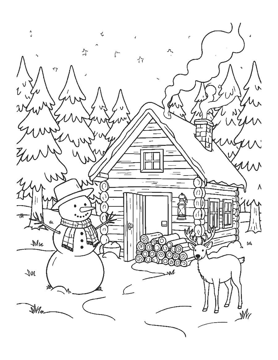Line drawing of a snowman by a log cabin with a deer and pine trees