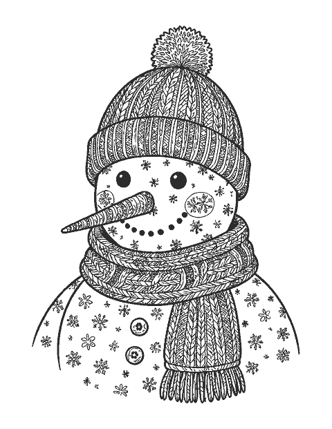 Line drawing of a detailed snowman portrait in a cable-knit hat and chunky scarf