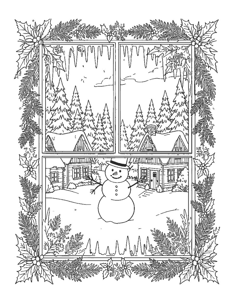 Line drawing of a snowman and cottages seen through a frosted window frame