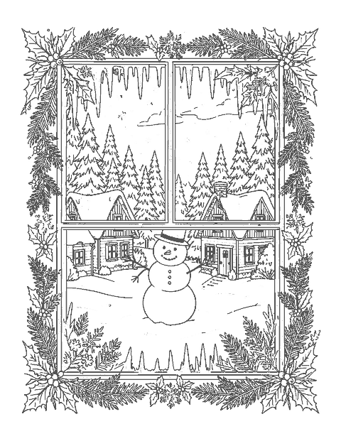 Line drawing of a snowman and cottages seen through a frosted window frame