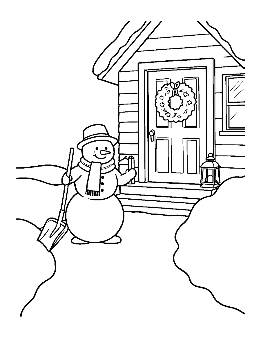 Line drawing of a snowman shoveling a path to a cottage door with a wreath