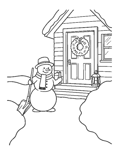 Line drawing of a snowman shoveling a path to a cottage door with a wreath