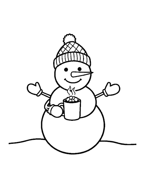 Line drawing of a snowman in a knit hat holding a mug of hot cocoa with marshmallows