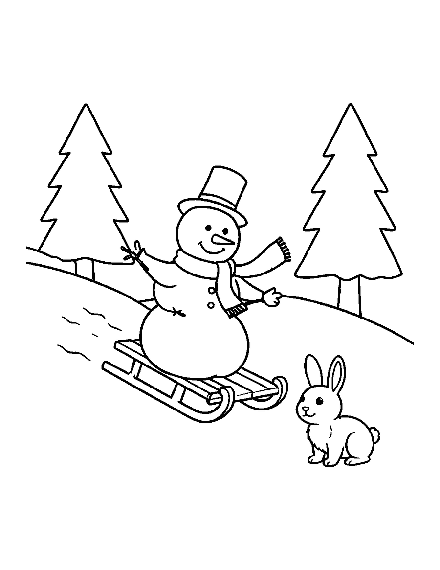 Line drawing of a snowman riding a sled down a hill beside a rabbit