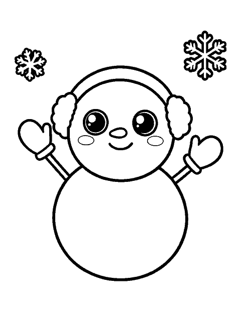 Line drawing of a cute snowman with big eyes, earmuffs and mittens waving