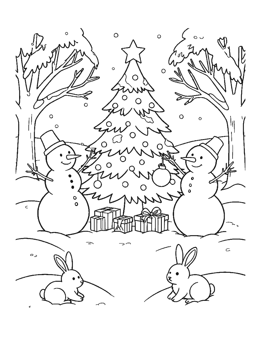 Line drawing of two snowmen decorating an outdoor Christmas tree with presents and a rabbit