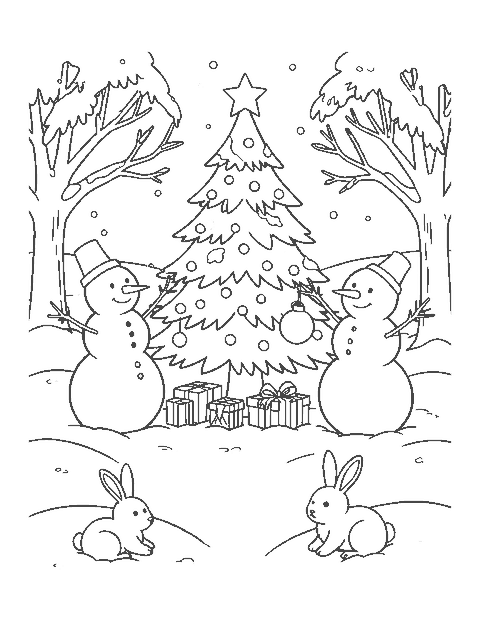 Line drawing of two snowmen decorating an outdoor Christmas tree with presents and a rabbit