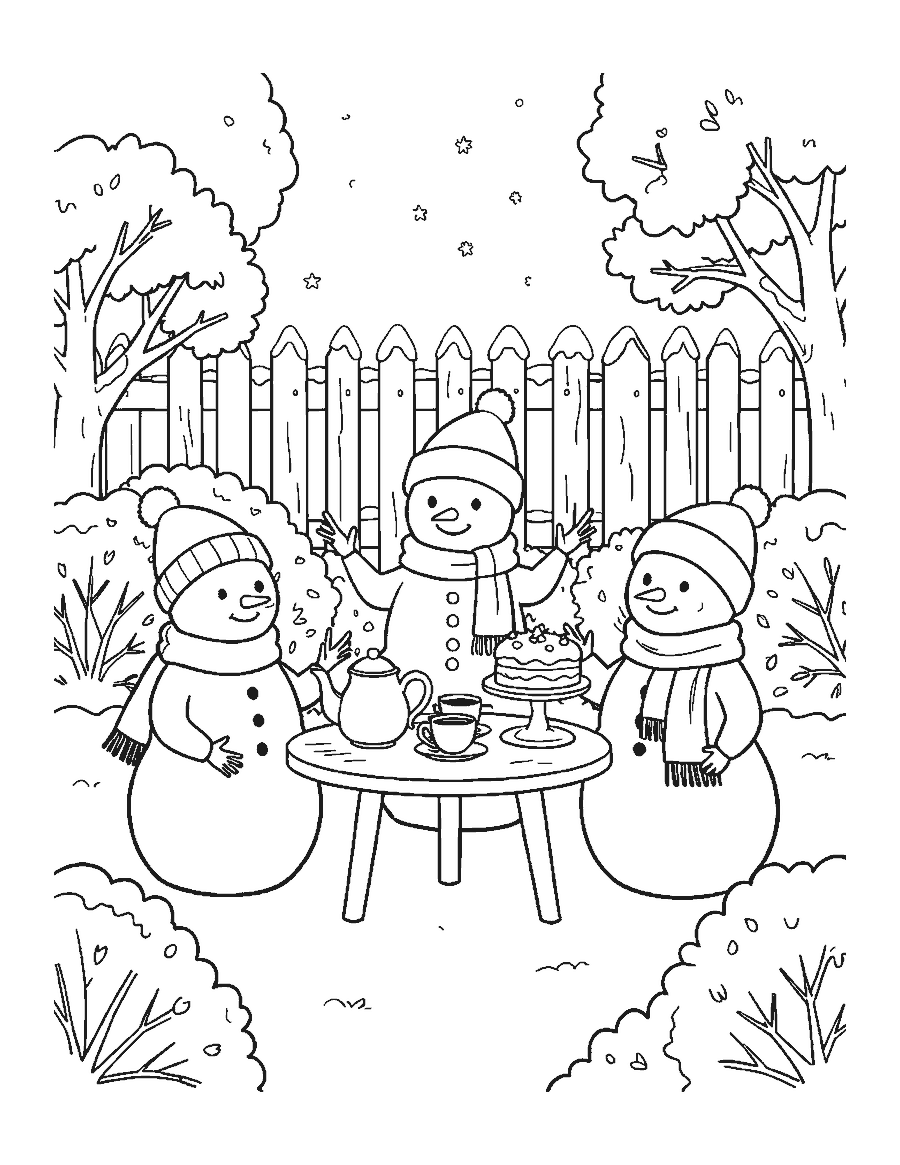 Line drawing of three snowmen at a tea party table with a teapot and cake in a snowy garden
