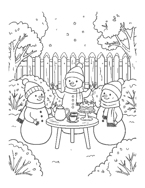Line drawing of three snowmen at a tea party table with a teapot and cake in a snowy garden