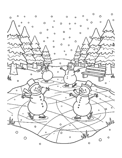 Line drawing of several snowmen ice skating on a pond among pine trees