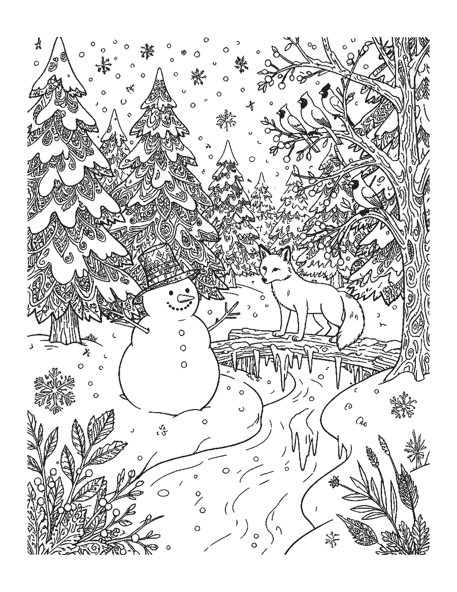 Line drawing of a snowman by an icy stream with snowy pines, a fox, cardinals and a footbridge