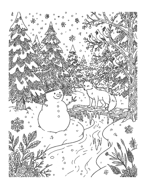 Line drawing of a snowman by an icy stream with snowy pines, a fox, cardinals and a footbridge