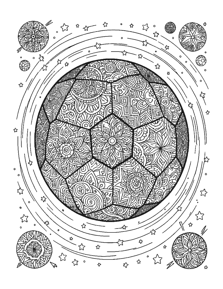 Line drawing of a soccer ball with every panel filled with a different doodle pattern