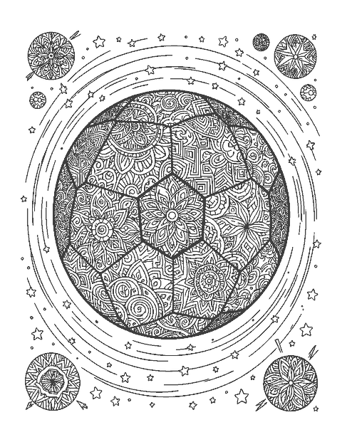 Line drawing of a soccer ball with every panel filled with a different doodle pattern