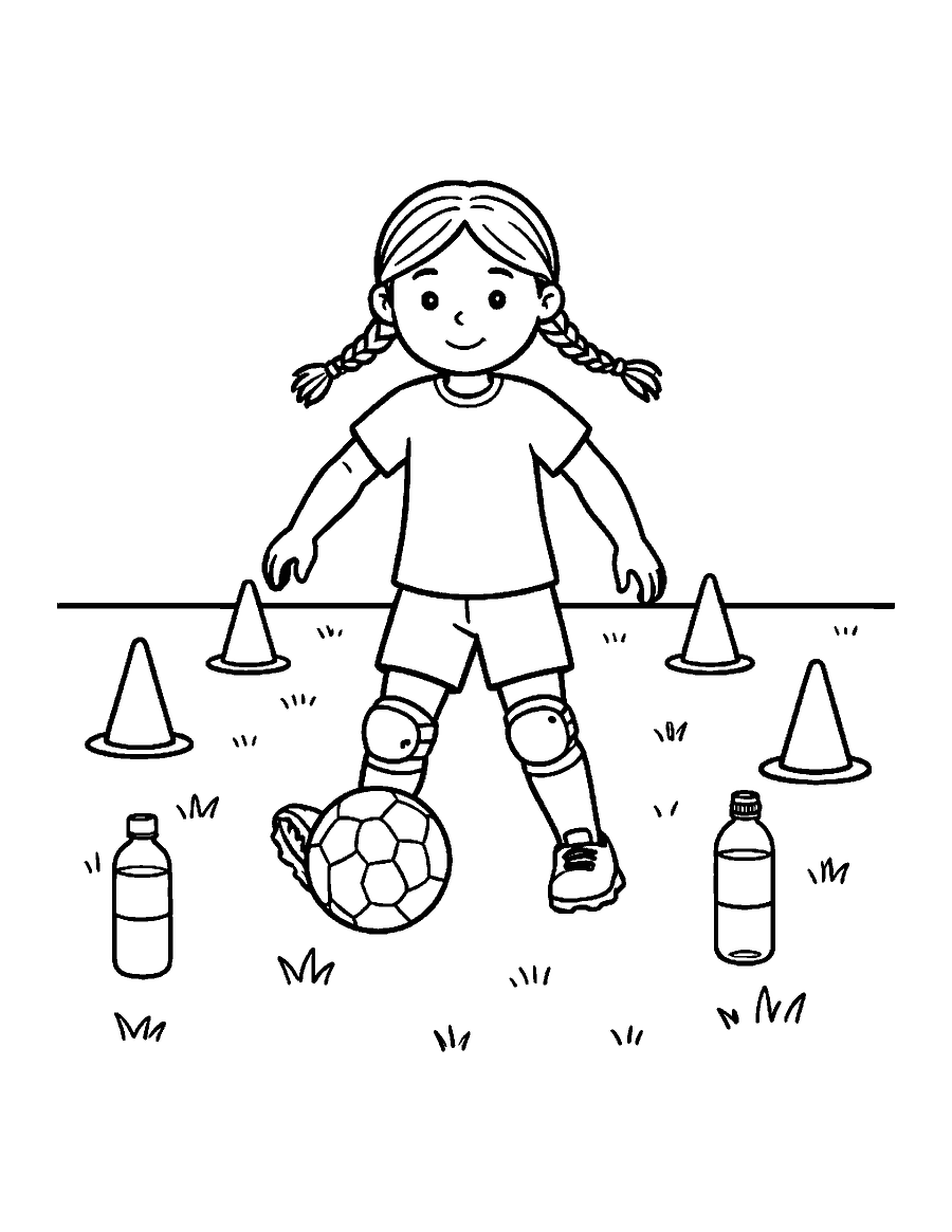 Line drawing of a girl in shin guards dribbling a soccer ball through cones