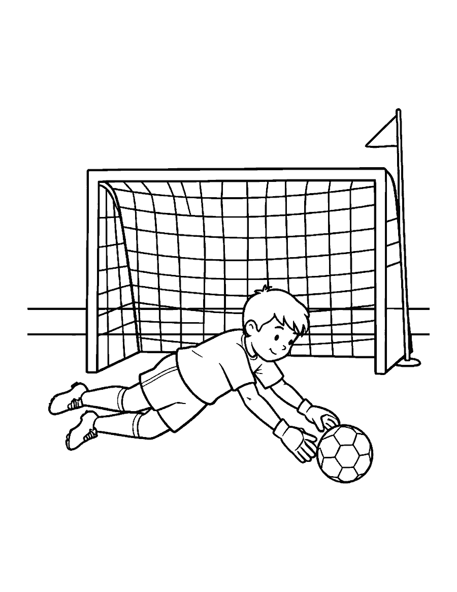Line drawing of a goalkeeper in gloves diving sideways to stop a soccer ball