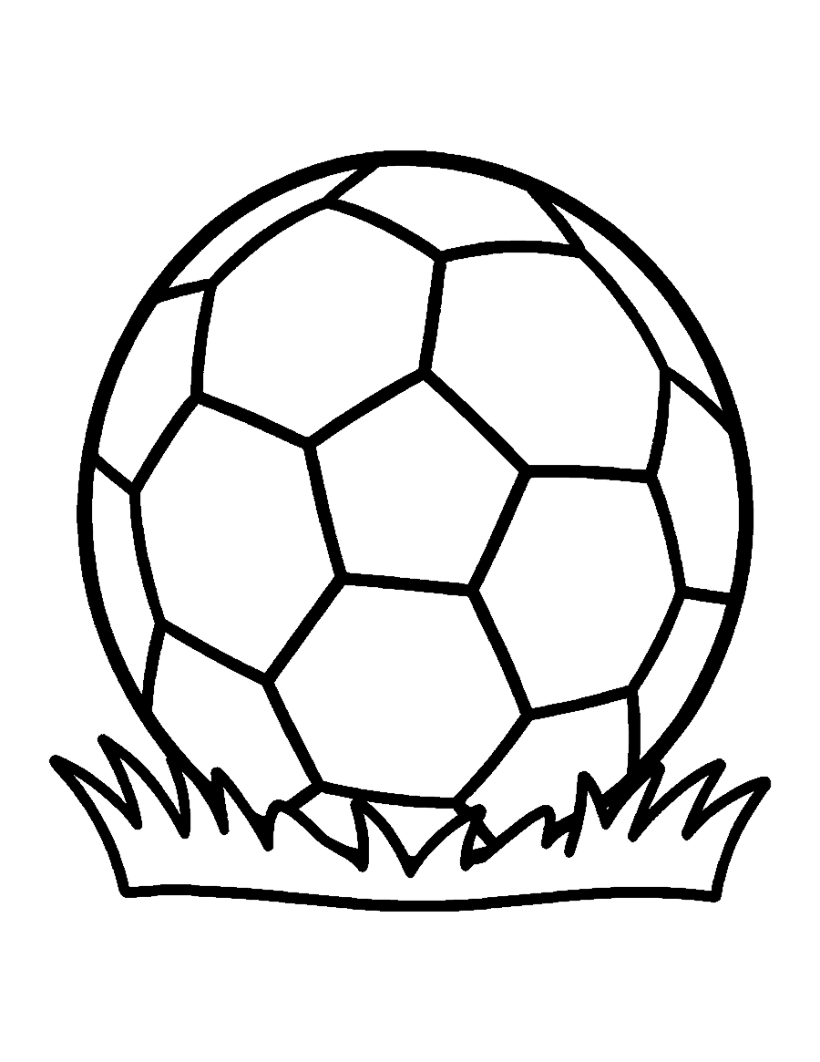Line drawing of a classic soccer ball with pentagon and hexagon panels on grass