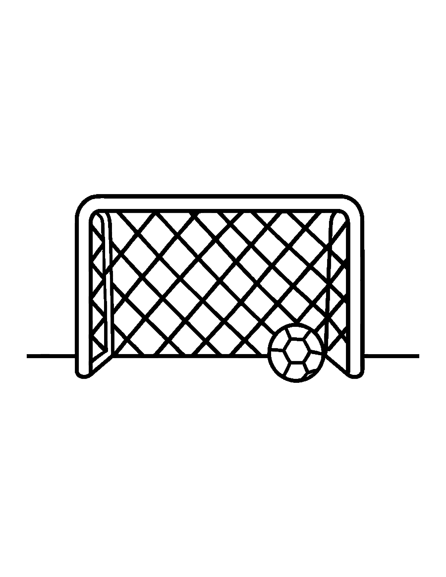 Line drawing of a soccer goal with a net and a ball rolling into the corner