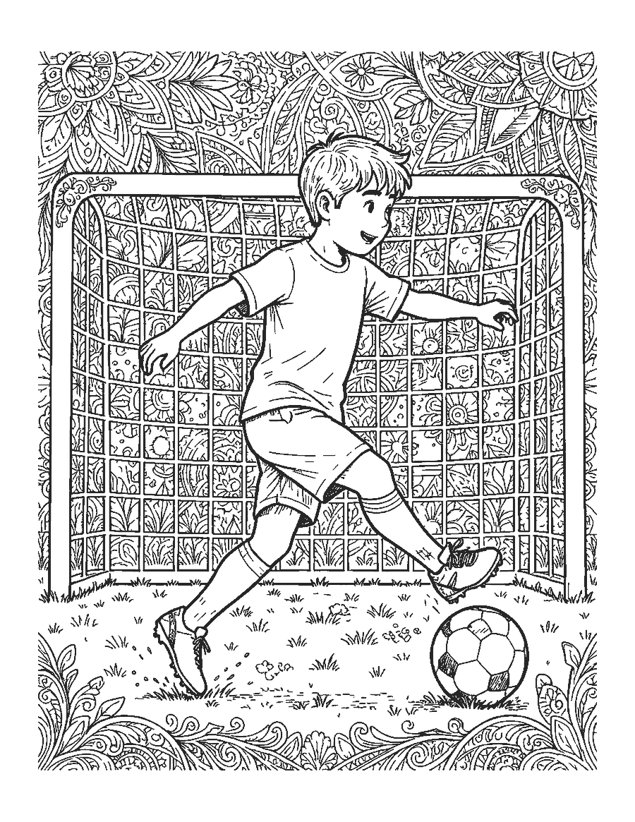 Line drawing of a soccer player leaping to kick a ball in midair in front of a goal net