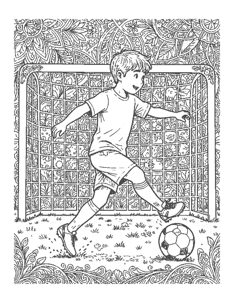 Line drawing of a soccer player leaping to kick a ball in midair in front of a goal net