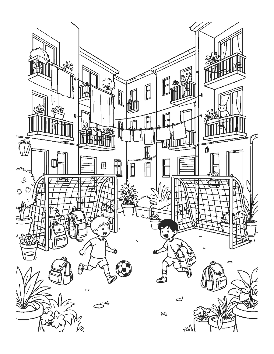 Line drawing of kids playing soccer in a city courtyard with backpack goals
