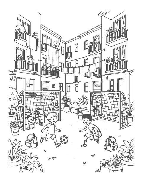 Line drawing of kids playing soccer in a city courtyard with backpack goals
