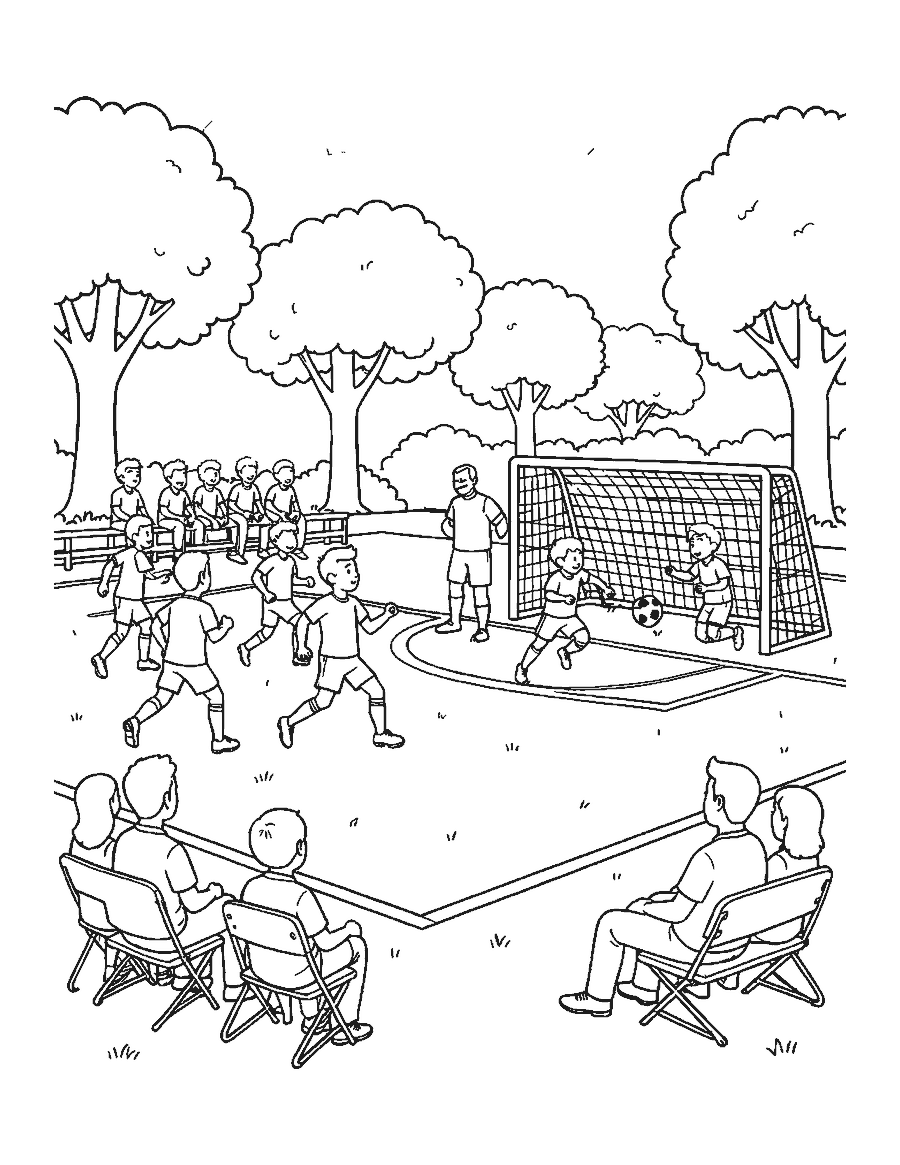 Line drawing of a youth soccer match with a striker shooting and parents watching