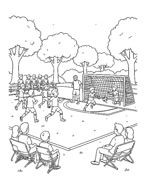 Line drawing of a youth soccer match with a striker shooting and parents watching