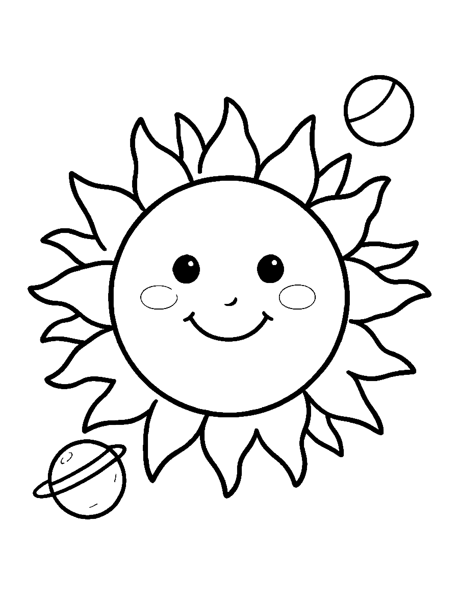 Line drawing of a smiling Sun with wavy flame rays and two small planets