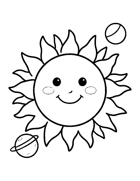 Line drawing of a smiling Sun with wavy flame rays and two small planets