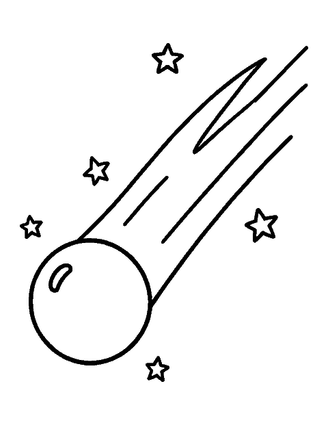 Line drawing of a round comet with a long glowing tail among simple five-pointed stars