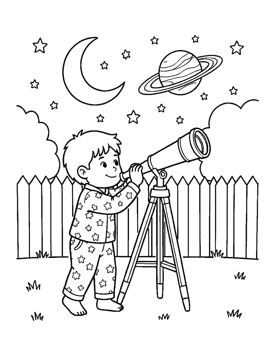Line drawing of a child looking through a telescope at the night sky