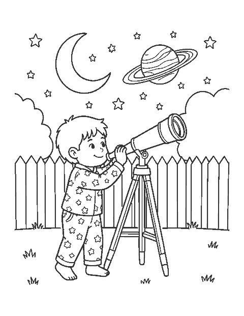 Line drawing of a child looking through a telescope at the night sky