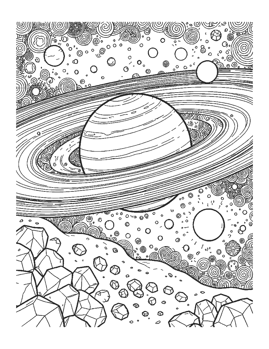 Line drawing close-up of Saturn's rings with ice chunks and small moons