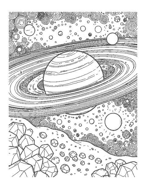 Line drawing close-up of Saturn's rings with ice chunks and small moons