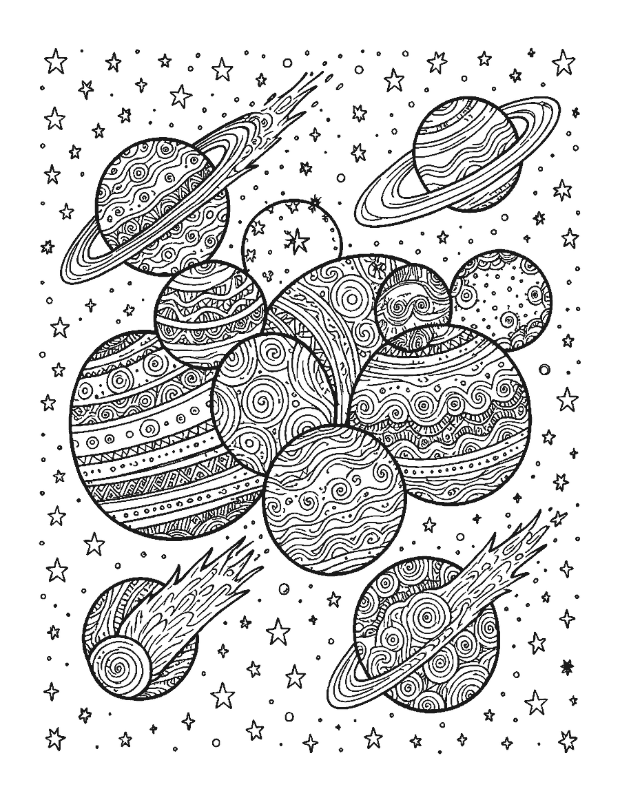 Line drawing of planets, comets and stars filled with doodle patterns