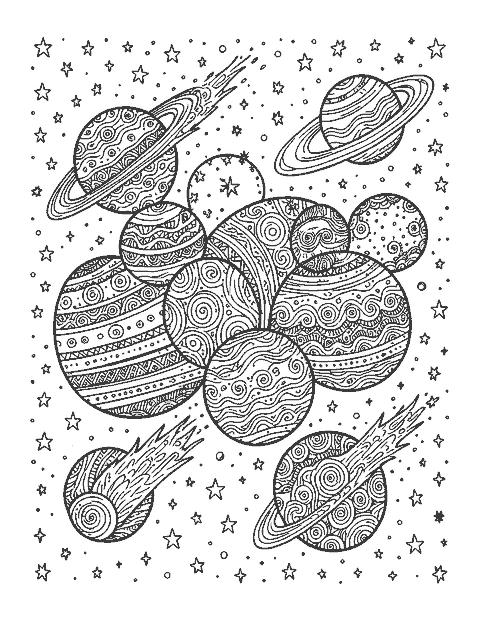 Line drawing of planets, comets and stars filled with doodle patterns