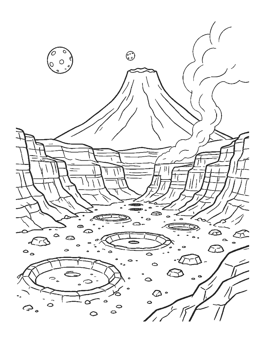 Line drawing of a rocky Mars landscape with a volcano, dust devil and two moons