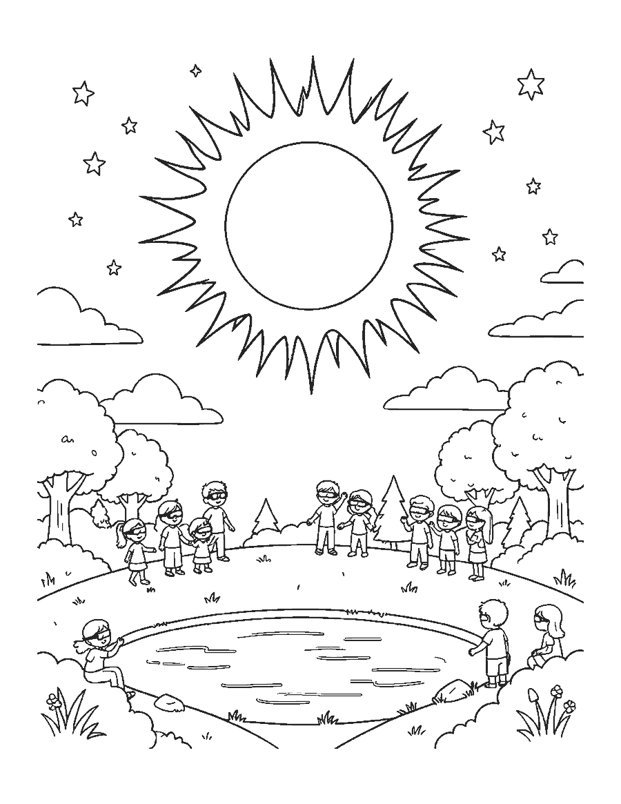 Line drawing of families in eclipse glasses watching a total solar eclipse from a hill