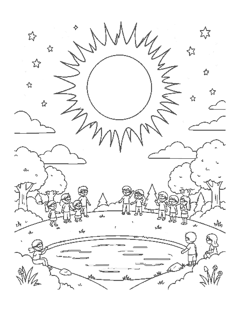 Line drawing of families in eclipse glasses watching a total solar eclipse from a hill
