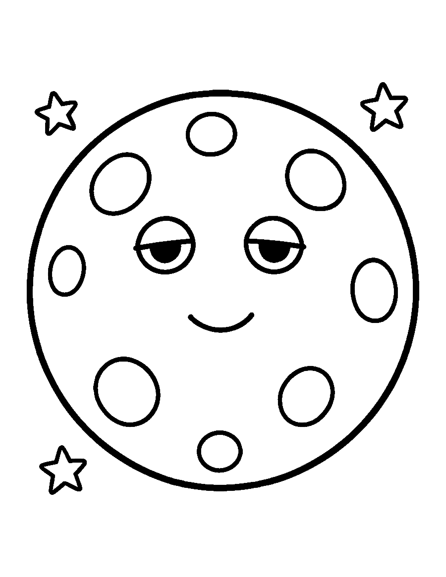 Line drawing of a full Moon with a sleepy smiling face and round craters