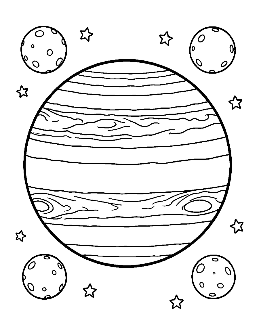 Line drawing of striped Jupiter with its giant storm and four moons beside it